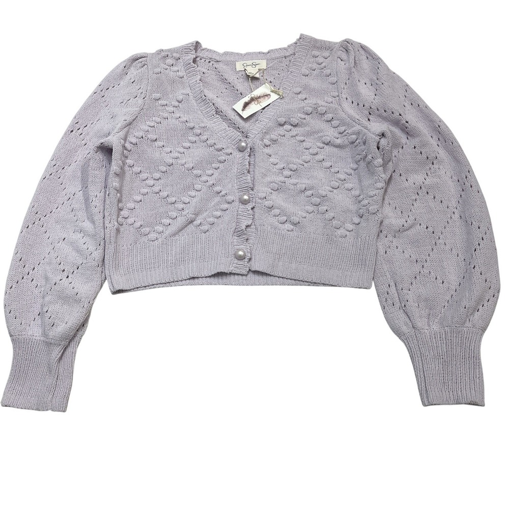 Jessica Simpson Cardigan Sweater‎ Womens L Purple Cropped Textured Knit Coquette